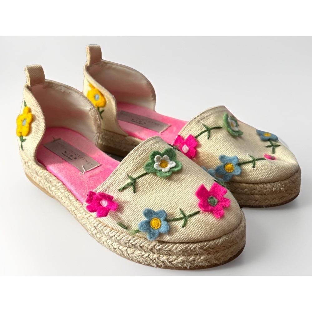 Stella McCartney Kids Girls Tan Canvas Felt Flowers Stems Espadrilles Sz 30
